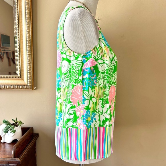 Lilly Pulitzer Iona Button Back Silk Tank Top Pink Green Hibiscus Stroll Floral - Picture 7 of 10